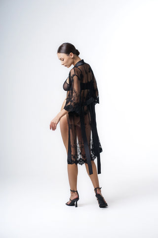 37. Black lace robe see through, boudoir sheer nightwear