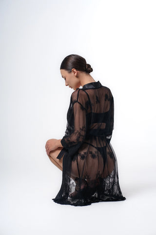 37. Black lace robe see through, boudoir sheer nightwear