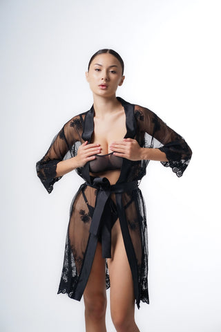 37. Black lace robe see through, boudoir sheer nightwear