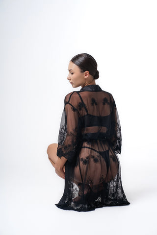 37. Black lace robe see through, boudoir sheer nightwear