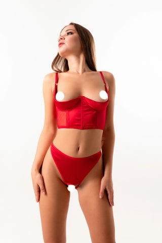 9. Crotchless lingerie set: Open cup bra with support and thong bikini panties